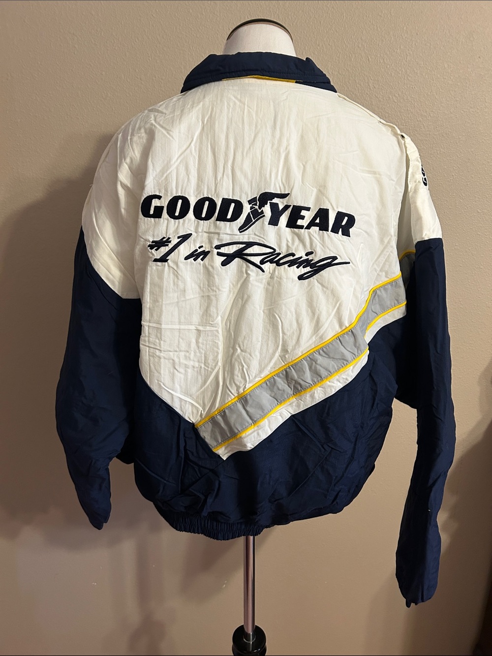 Navy & White Racing Puffer Jacket with Yellow Trim
